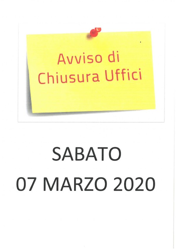 sabato 7 marzo 2020 Uffici comunali chiusi