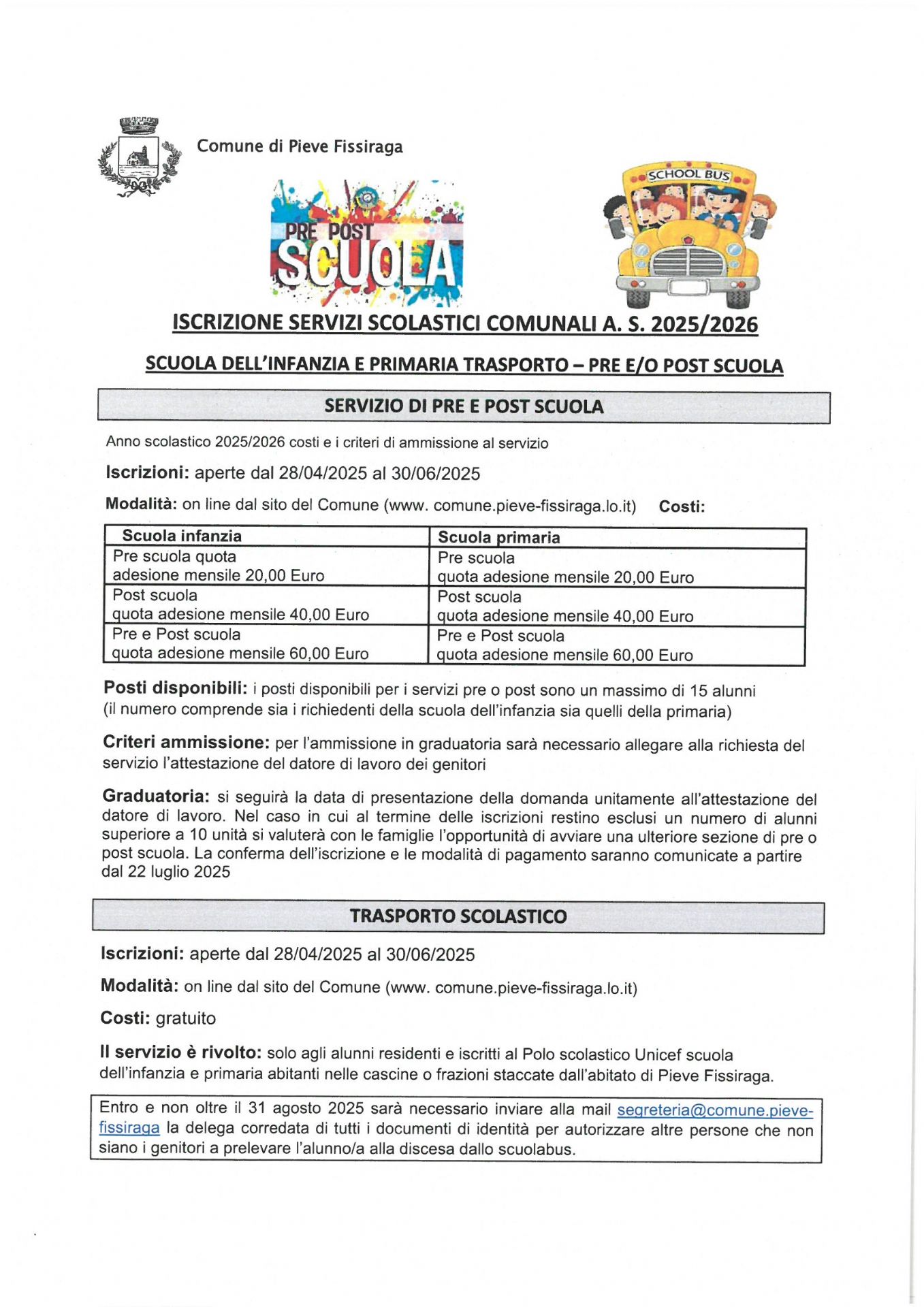 Iscrizione servizi scolastici anno scolastico. 2025-2026